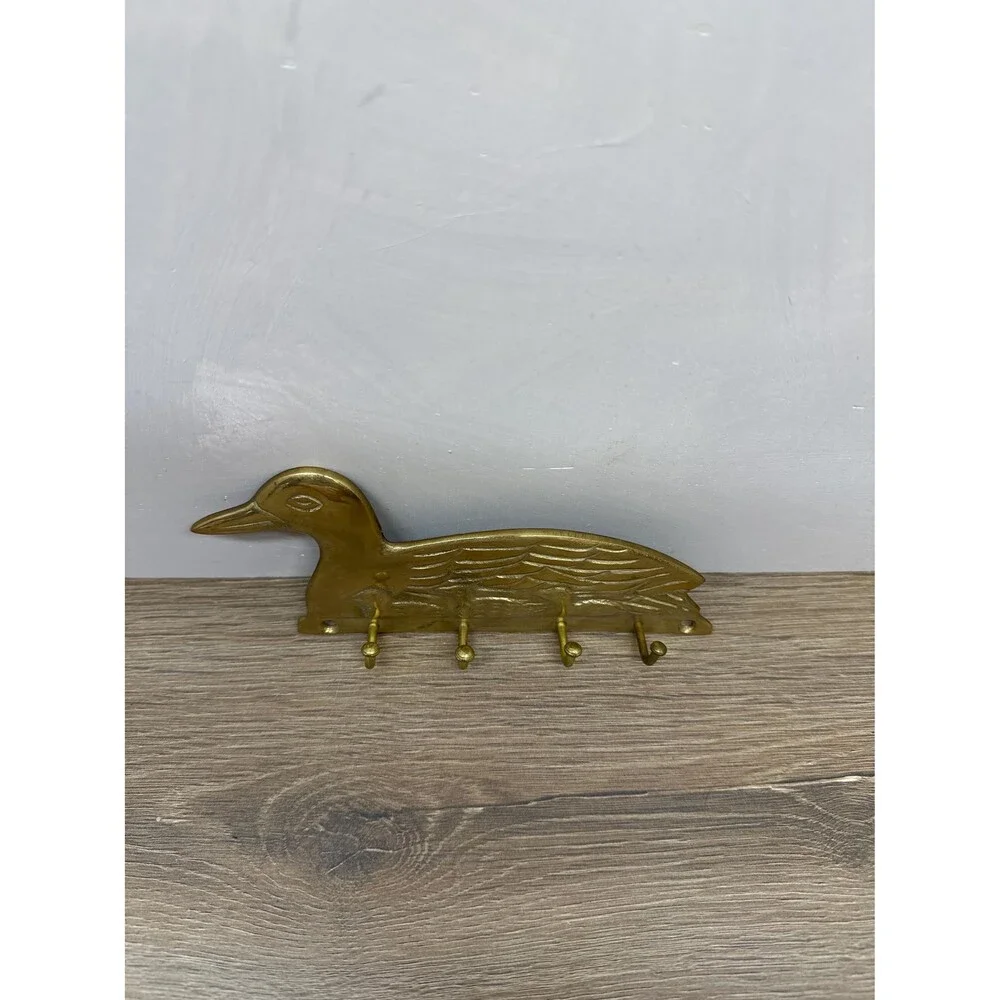 Vintage Solid Brass Duck Key Rack Wall Mount 4-Hook Cottagecore Upper Deck LTD
